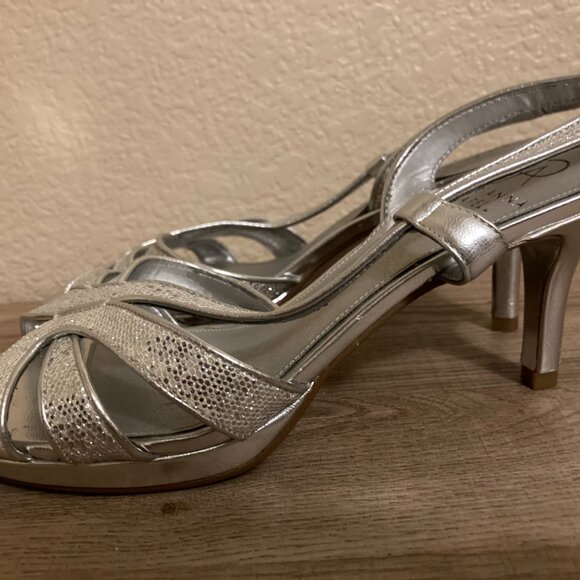 Adrianna Papell Sparkly Silver 3" Heels Sandals 7 1/2 Ankle Straps Dressy Party - Picture 3 of 5